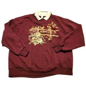 Vtg 90s Fall Floral Squirrel Double Collared Crewneck Sweatshirt USA Made XL